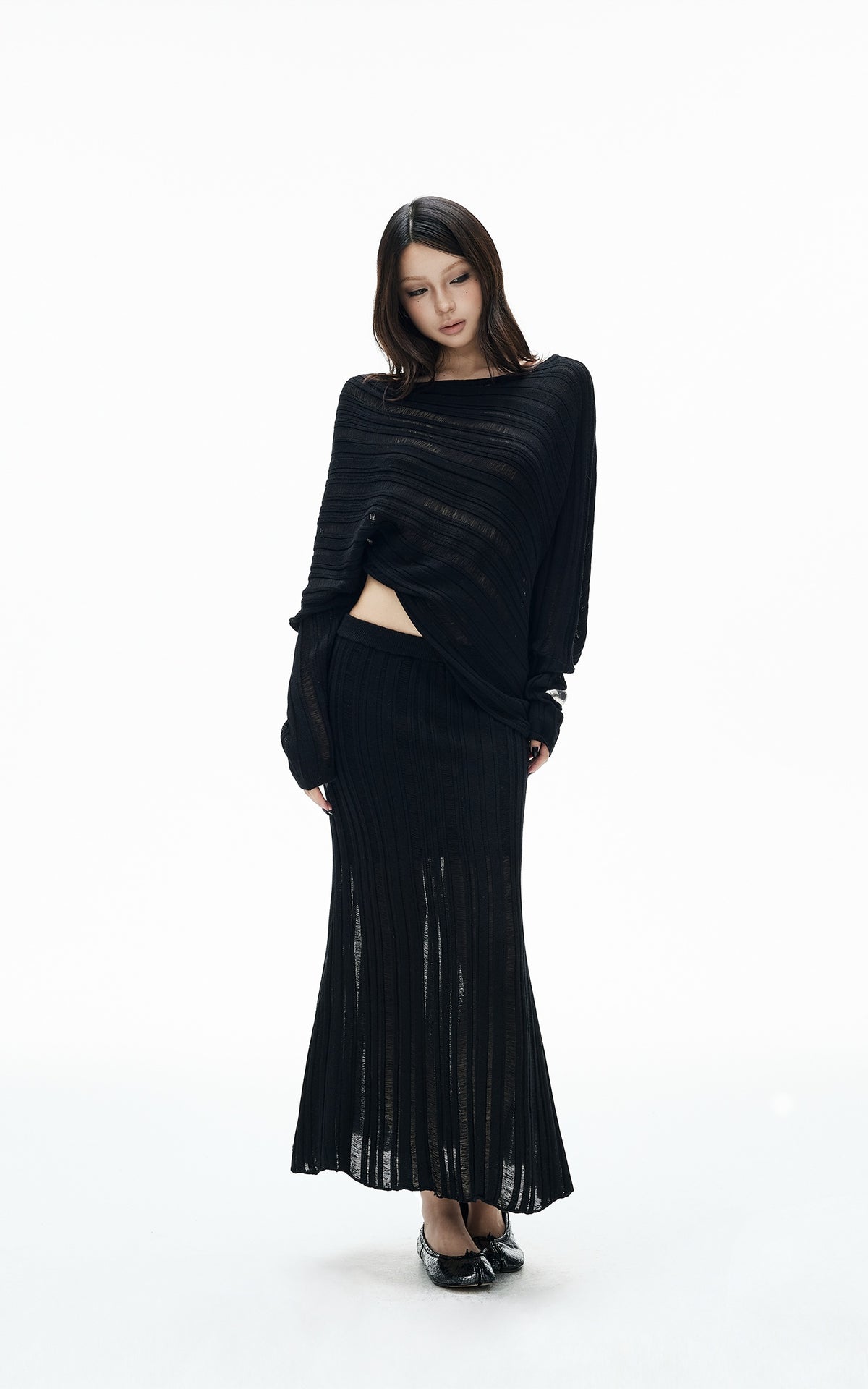 IAMXIAA Asymmetric Off-Shoulder Sheer Knit Top &amp; Maxi Skirt Set