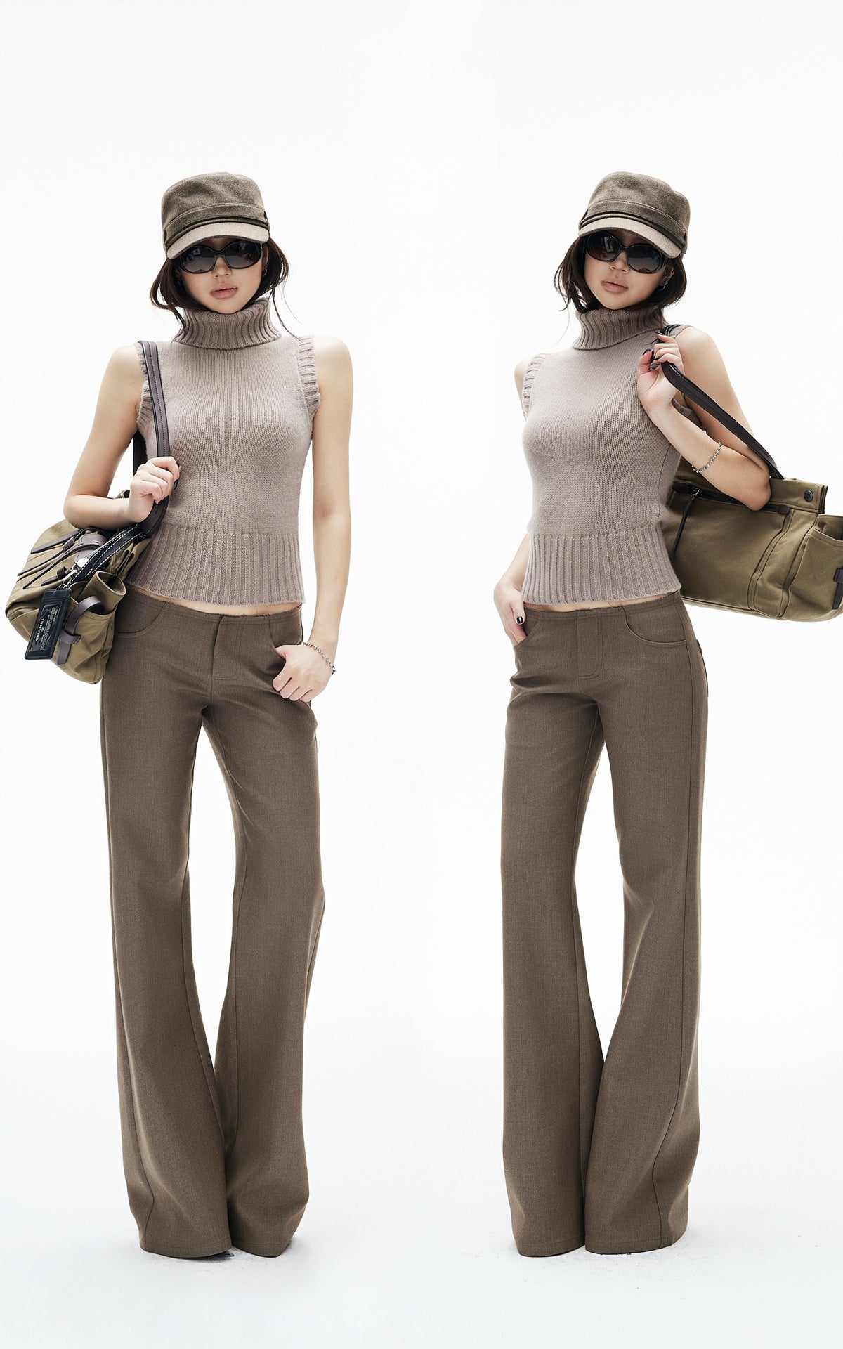 IAMXIAA Retro Slim-Fit Turtleneck Sleeveless Wool Knit Top with Ribbed Hem