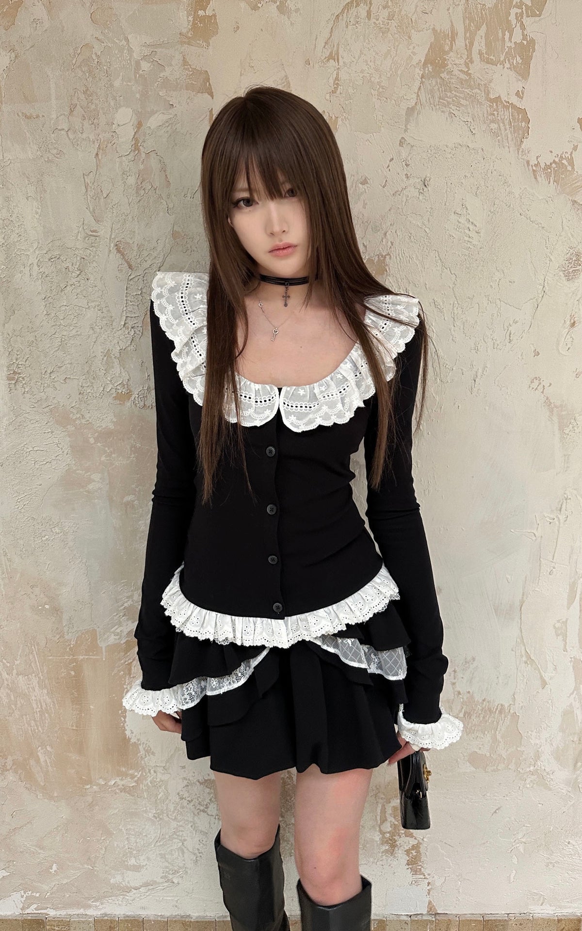Rase le sol Romantic Lace Ruffle Long Sleeve Top &amp; Layered Mini Skirt Set
