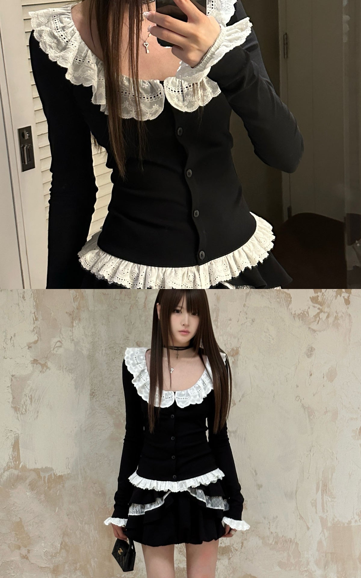 Rase le sol Romantic Lace Ruffle Long Sleeve Top &amp; Layered Mini Skirt Set