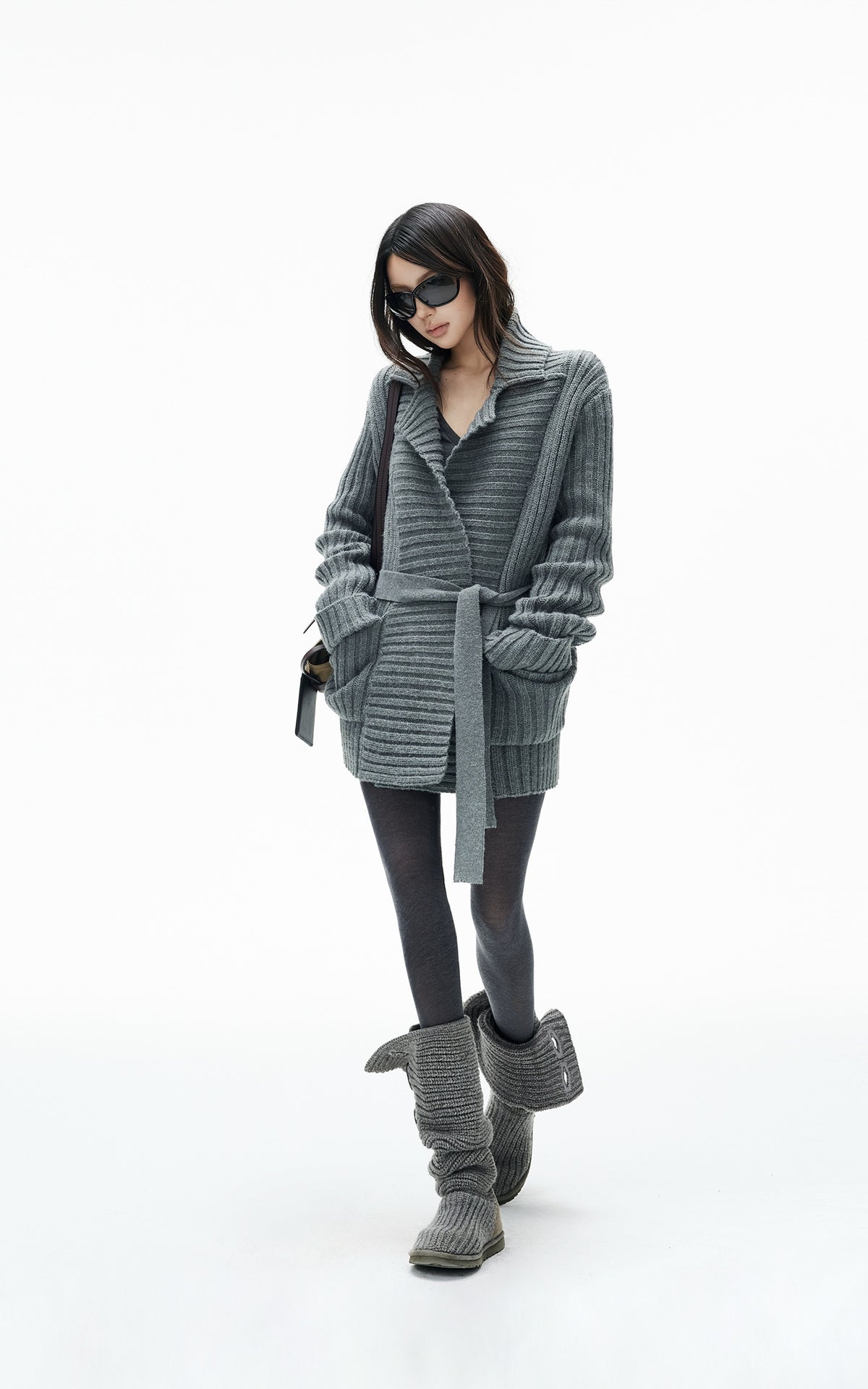 IAMXIAA Belted Ribbed Longline Knit Cardigan