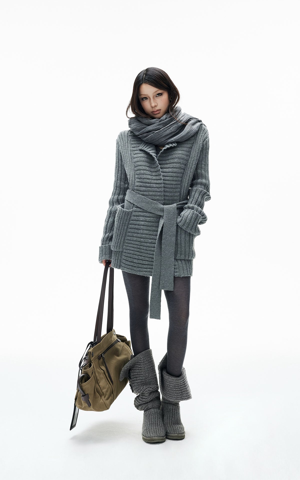 IAMXIAA Belted Ribbed Longline Knit Cardigan