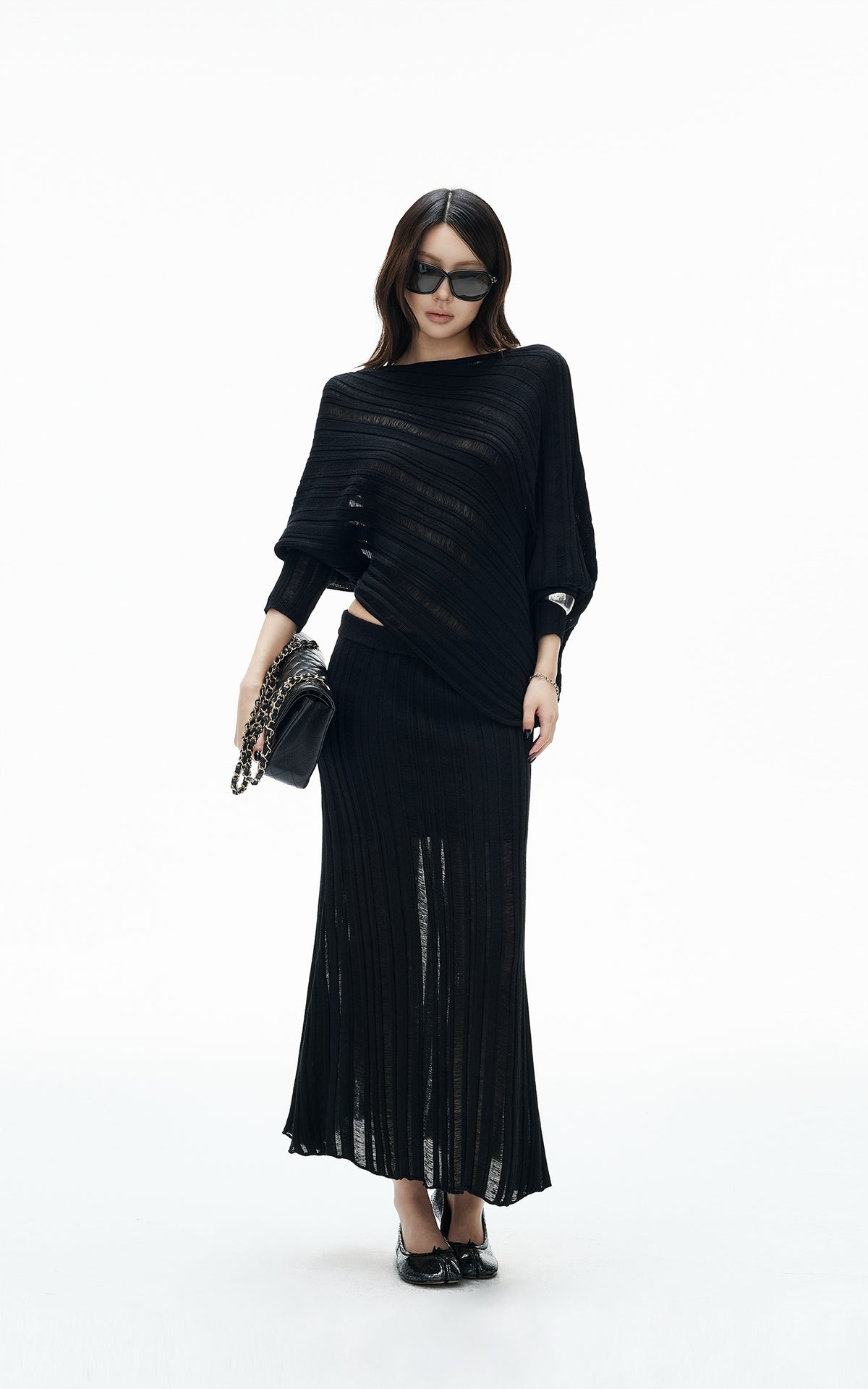 IAMXIAA Asymmetric Off-Shoulder Sheer Knit Top &amp; Maxi Skirt Set