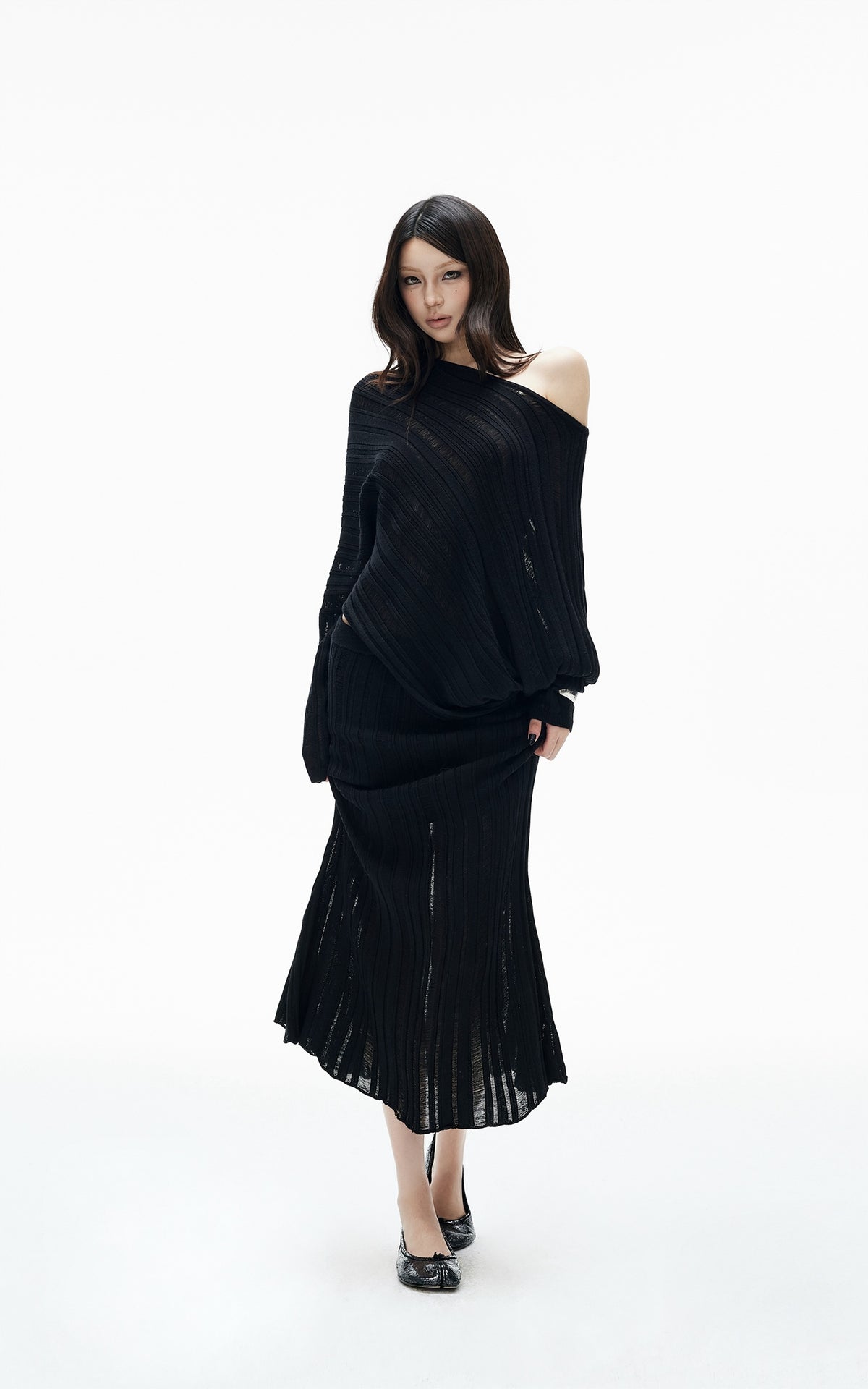 IAMXIAA Asymmetric Off-Shoulder Sheer Knit Top &amp; Maxi Skirt Set