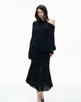 IAMXIAA Asymmetric Off-Shoulder Sheer Knit Top & Maxi Skirt Set