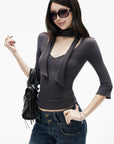 IAMXIAA Scarf-Neck Ribbed Slim-Fit Top with Three-Quarter Sleeves