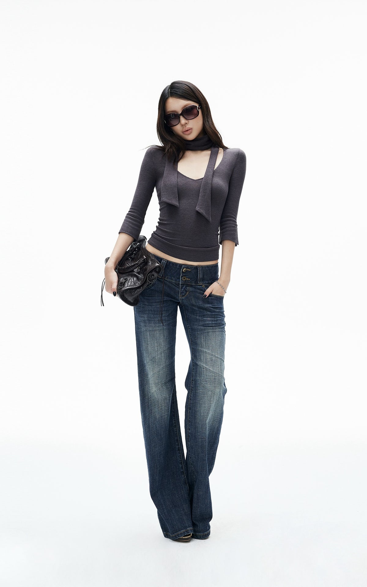 IAMXIAA Scarf-Neck Ribbed Slim-Fit Top with Three-Quarter Sleeves