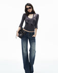 IAMXIAA Scarf-Neck Ribbed Slim-Fit Top with Three-Quarter Sleeves