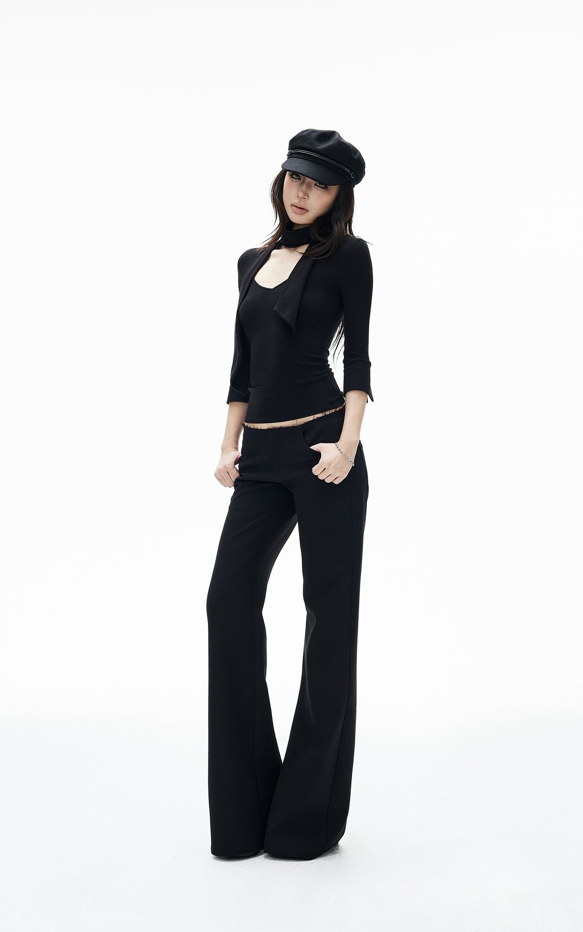 IAMXIAA Scarf-Neck Ribbed Slim-Fit Top with Three-Quarter Sleeves