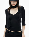 IAMXIAA Scarf-Neck Ribbed Slim-Fit Top with Three-Quarter Sleeves