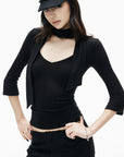IAMXIAA Scarf-Neck Ribbed Slim-Fit Top with Three-Quarter Sleeves