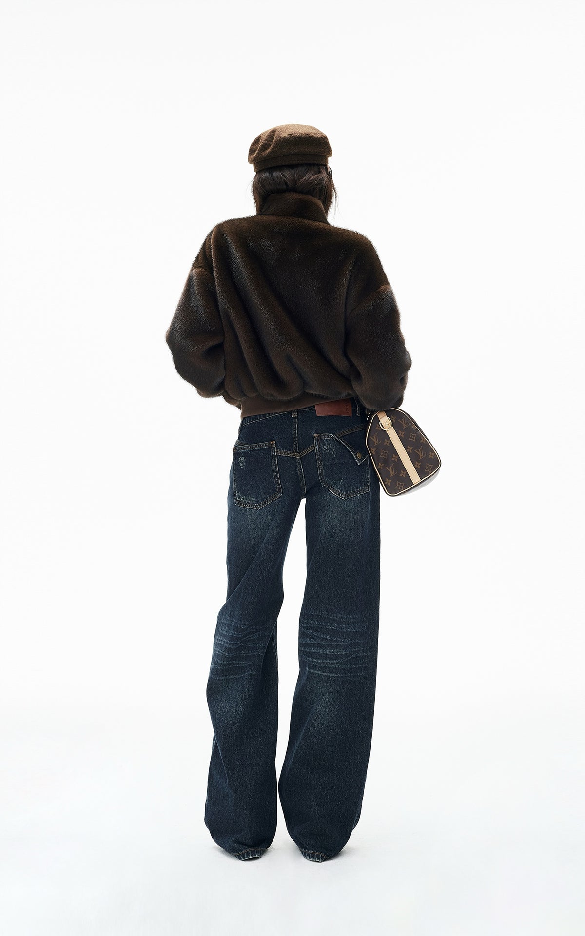 IAMXIAA Chocolate Brown Fur-Effect Cropped Bomber Jacket