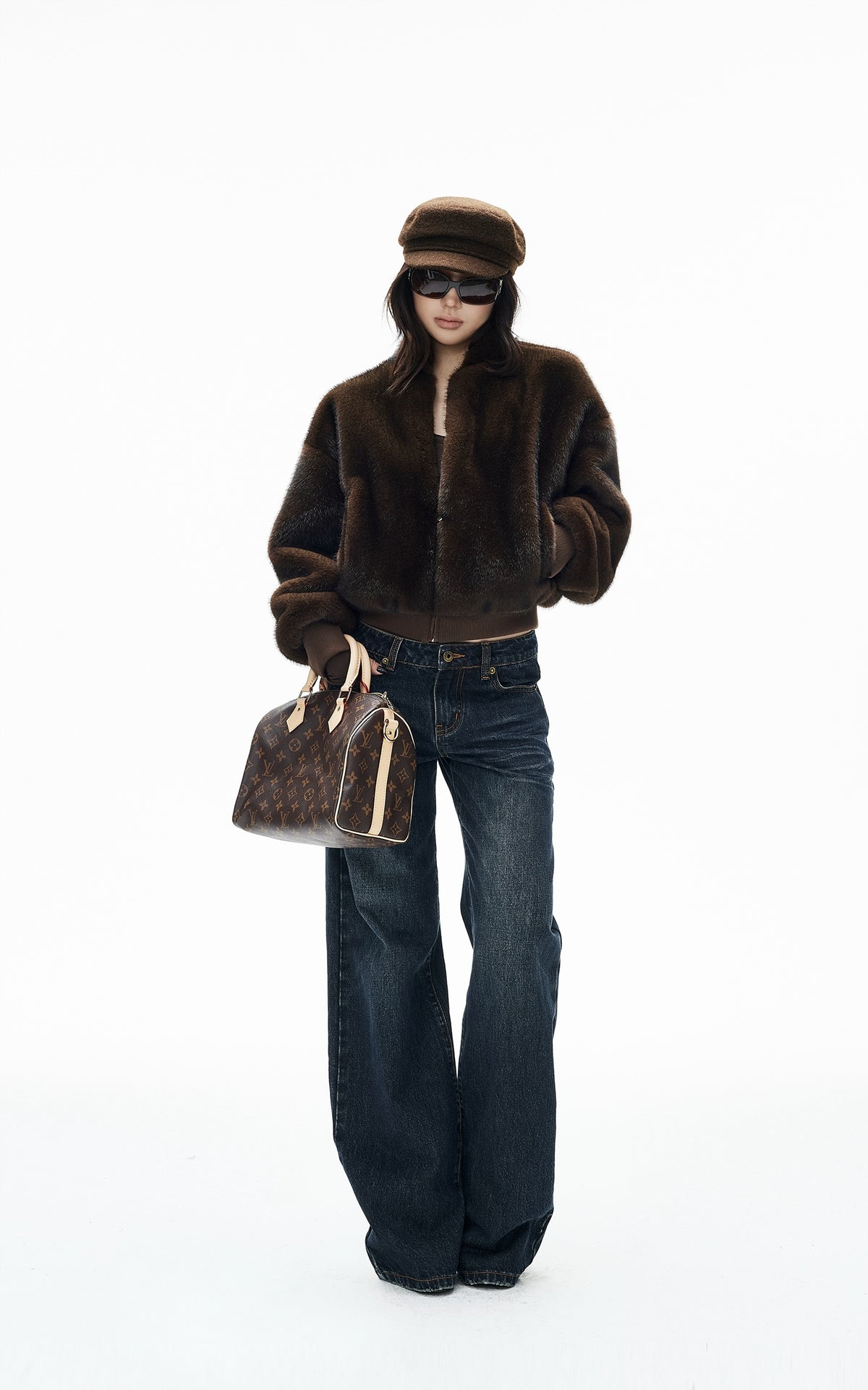IAMXIAA Chocolate Brown Fur-Effect Cropped Bomber Jacket