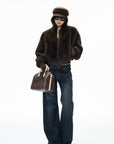 IAMXIAA Chocolate Brown Fur-Effect Cropped Bomber Jacket