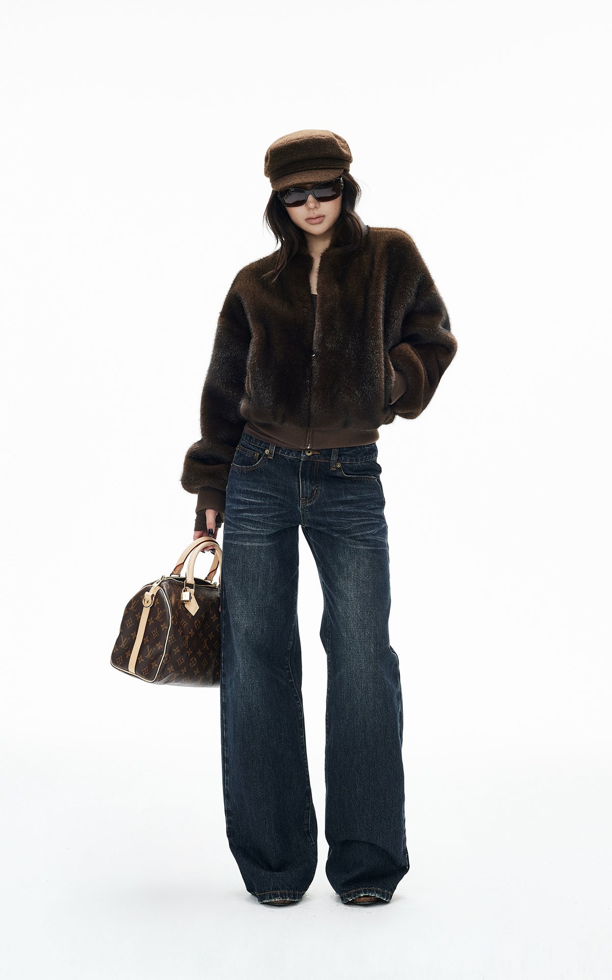 IAMXIAA Chocolate Brown Fur-Effect Cropped Bomber Jacket