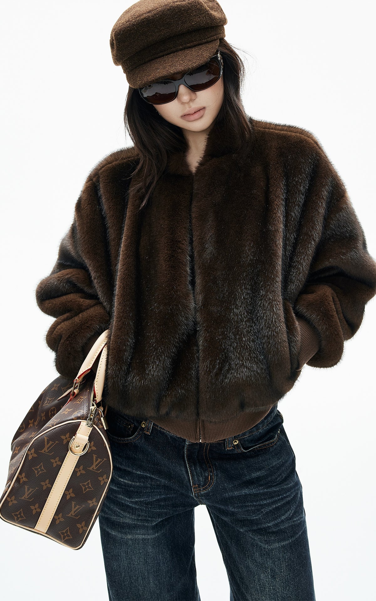 IAMXIAA Chocolate Brown Fur-Effect Cropped Bomber Jacket