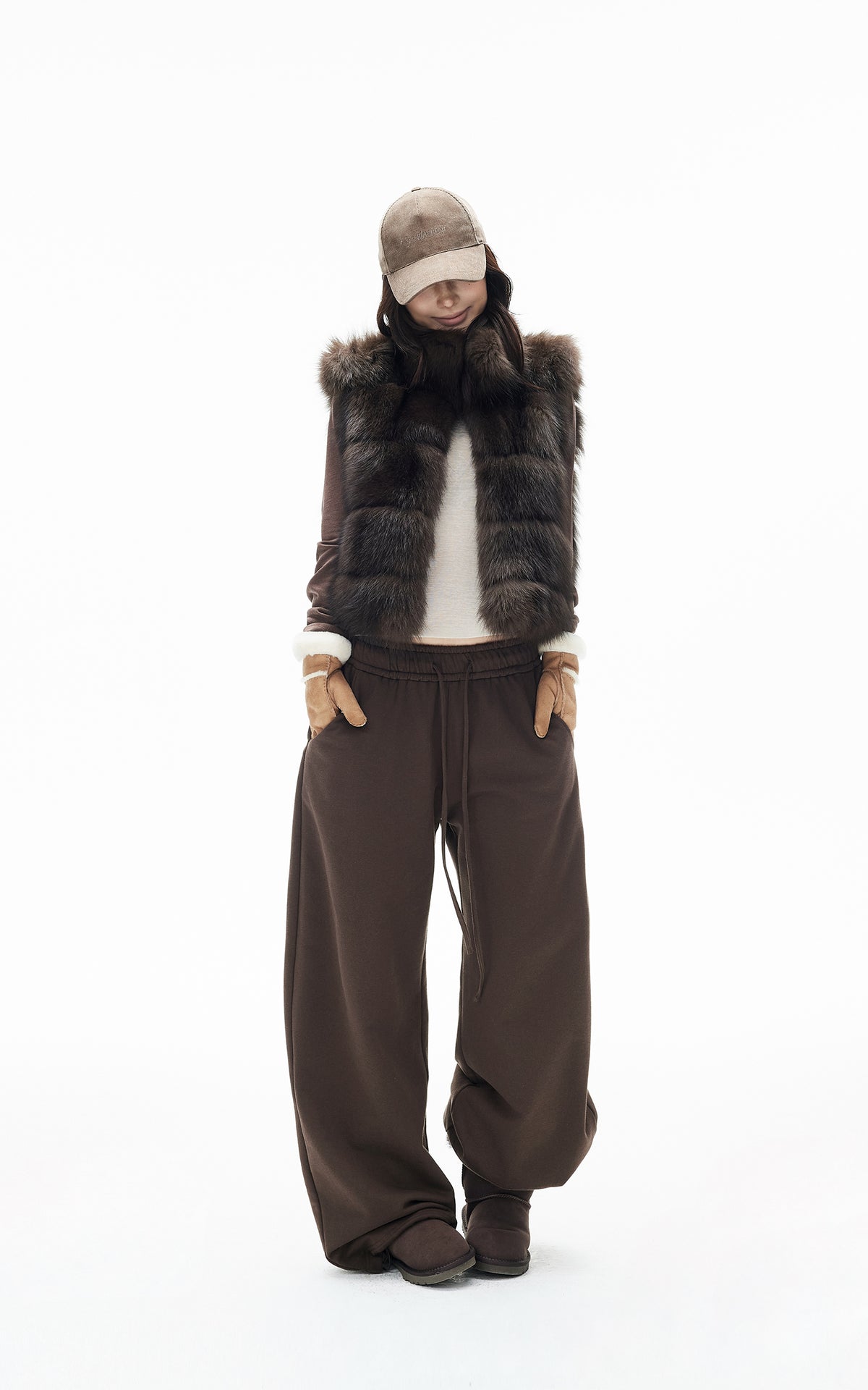 IAMXIAA Chocolate Brown Oversized Collar Fox Fur Sleeveless Vest