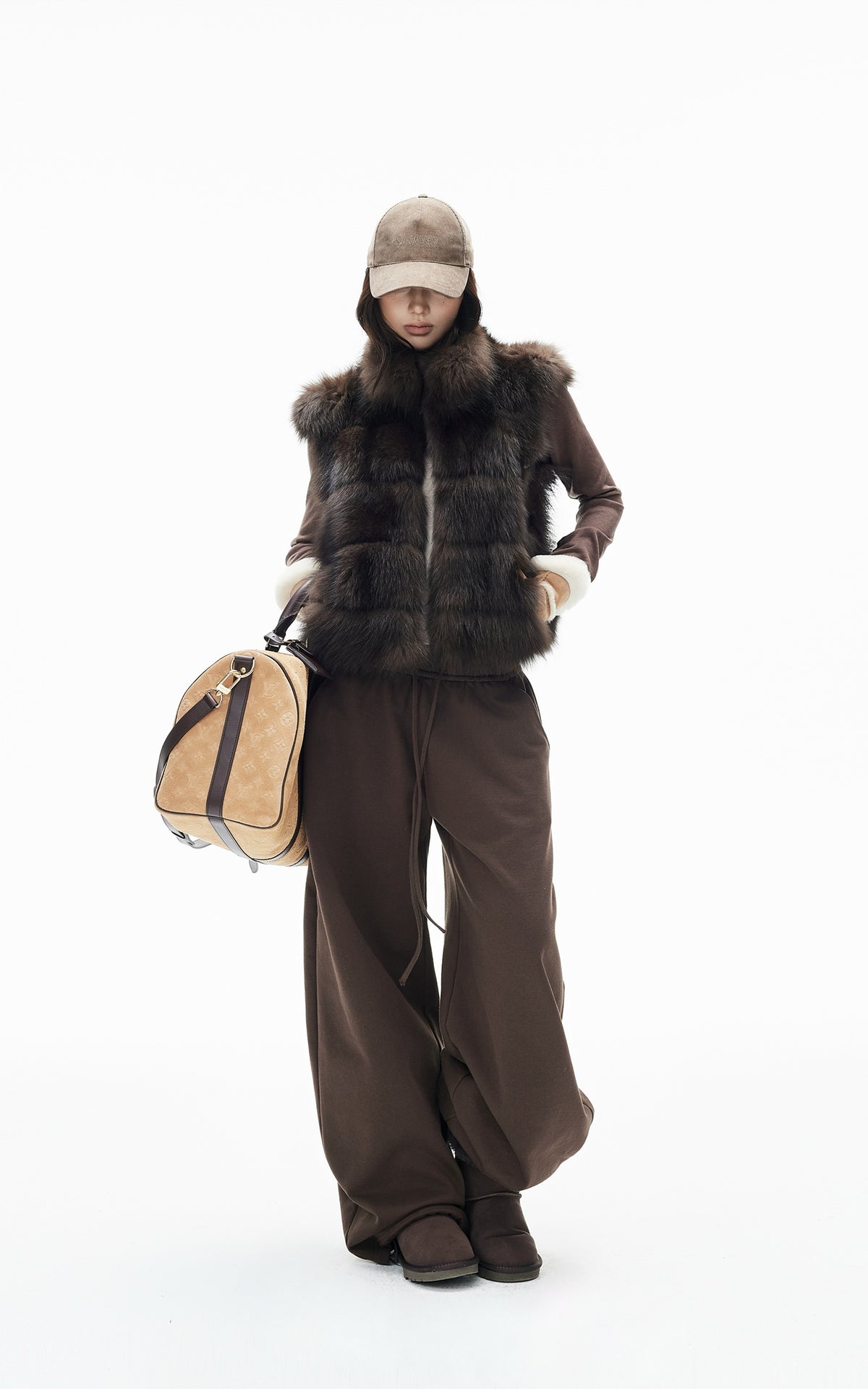 IAMXIAA Chocolate Brown Oversized Collar Fox Fur Sleeveless Vest
