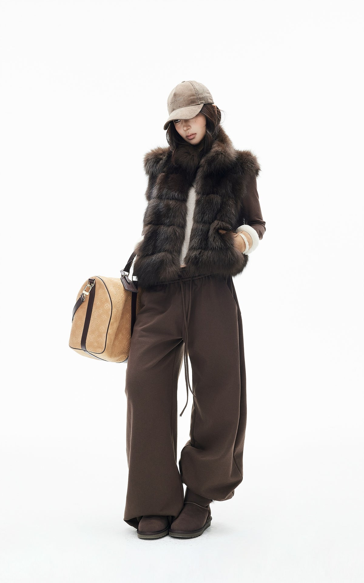 IAMXIAA Chocolate Brown Oversized Collar Fox Fur Sleeveless Vest