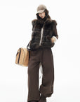 IAMXIAA Chocolate Brown Oversized Collar Fox Fur Sleeveless Vest