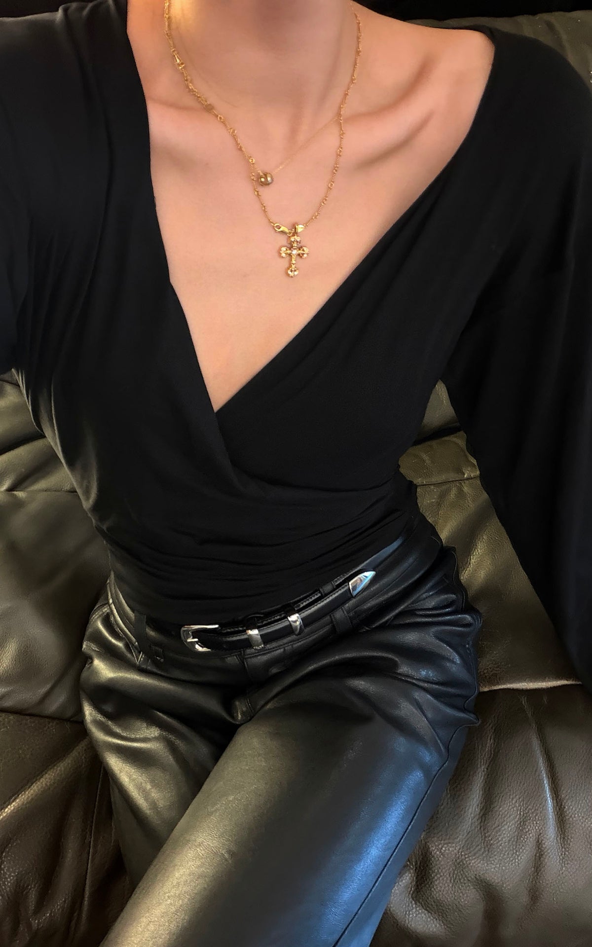 ROVENTE Plunging V-Neck Wrap-Effect Top with Ruched Waist &amp; Long Sleeves