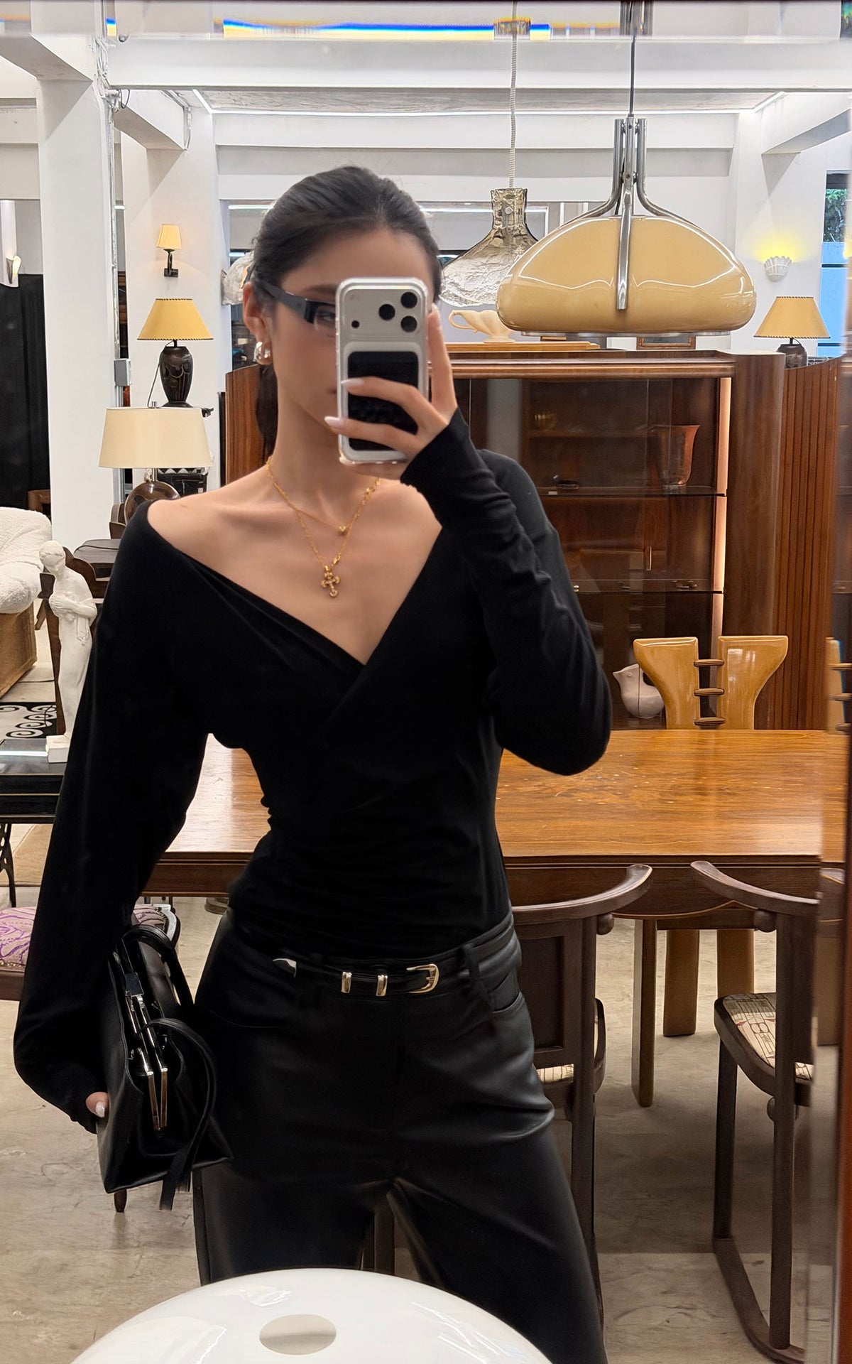 ROVENTE Plunging V-Neck Wrap-Effect Top with Ruched Waist &amp; Long Sleeves