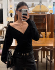 ROVENTE Plunging V-Neck Wrap-Effect Top with Ruched Waist & Long Sleeves