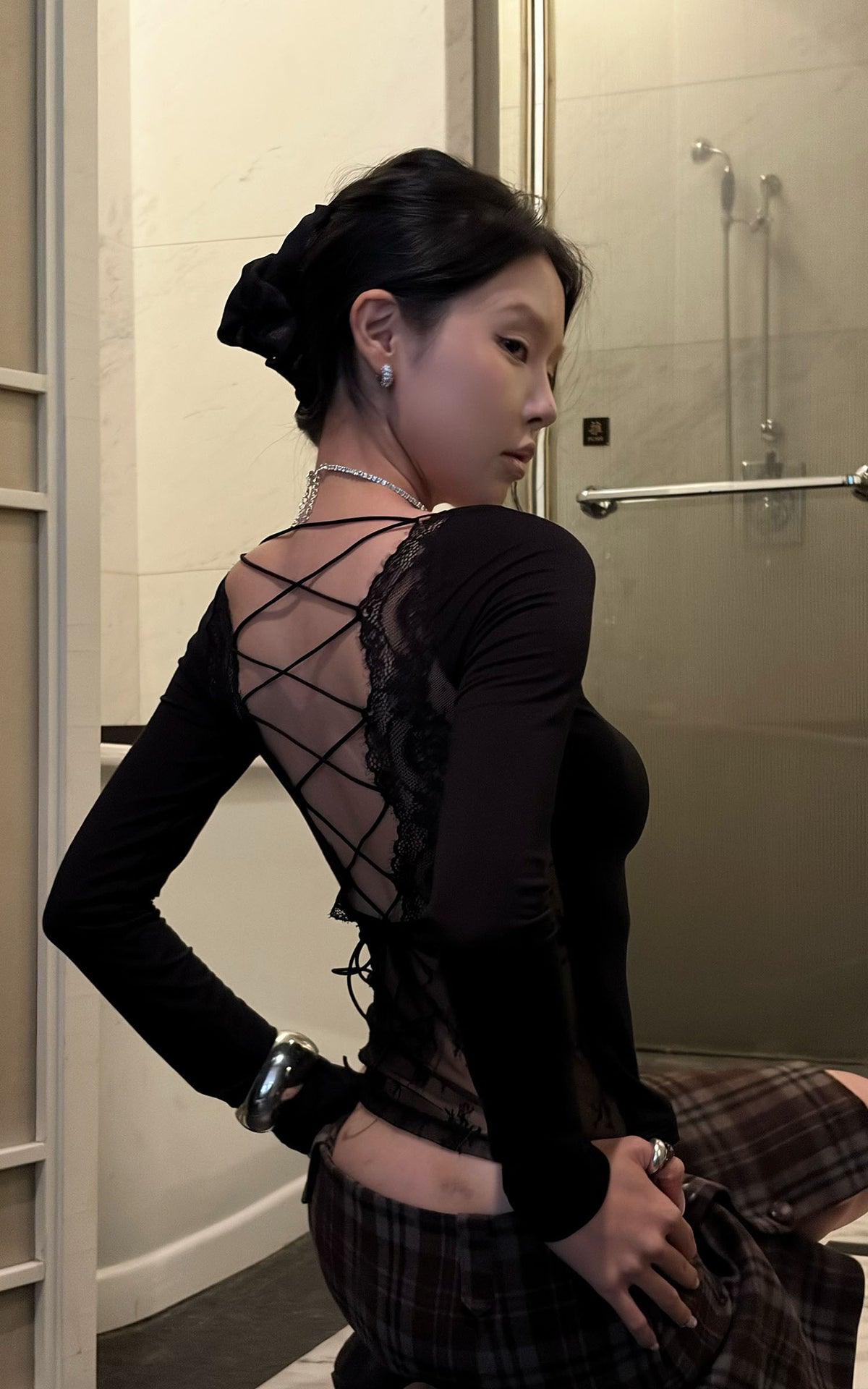 Hydrae Lace-Up Open-Back Top &amp; Asymmetric Plaid Skirt Set