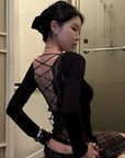 Hydrae Lace-Up Open-Back Top & Asymmetric Plaid Skirt Set