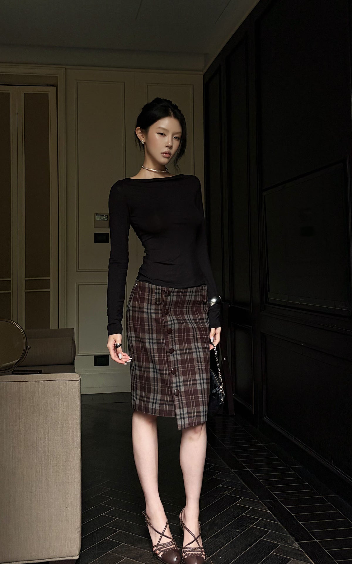 Hydrae Lace-Up Open-Back Top &amp; Asymmetric Plaid Skirt Set