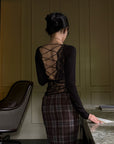 Hydrae Lace-Up Open-Back Top & Asymmetric Plaid Skirt Set