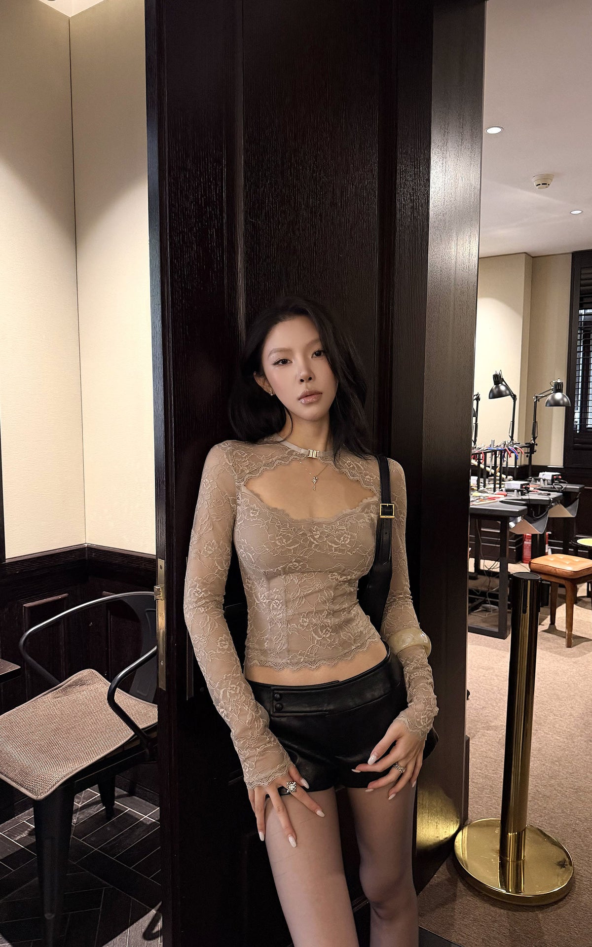 Hydrae Cutout Lace Top &amp; Leather-Look Shorts Set