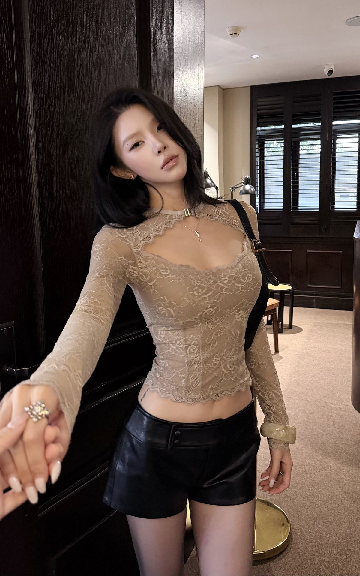 Hydrae Cutout Lace Top &amp; Leather-Look Shorts Set