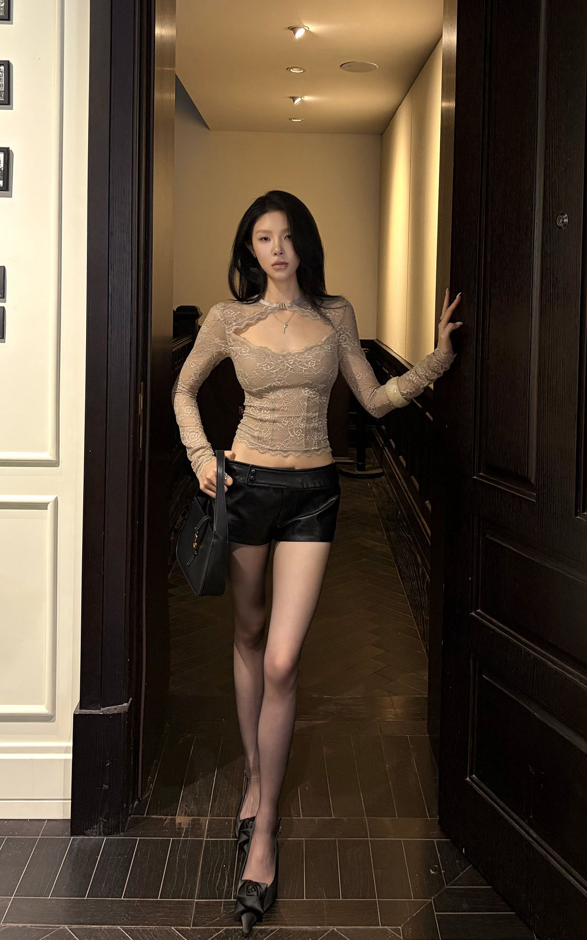 Hydrae Cutout Lace Top &amp; Leather-Look Shorts Set