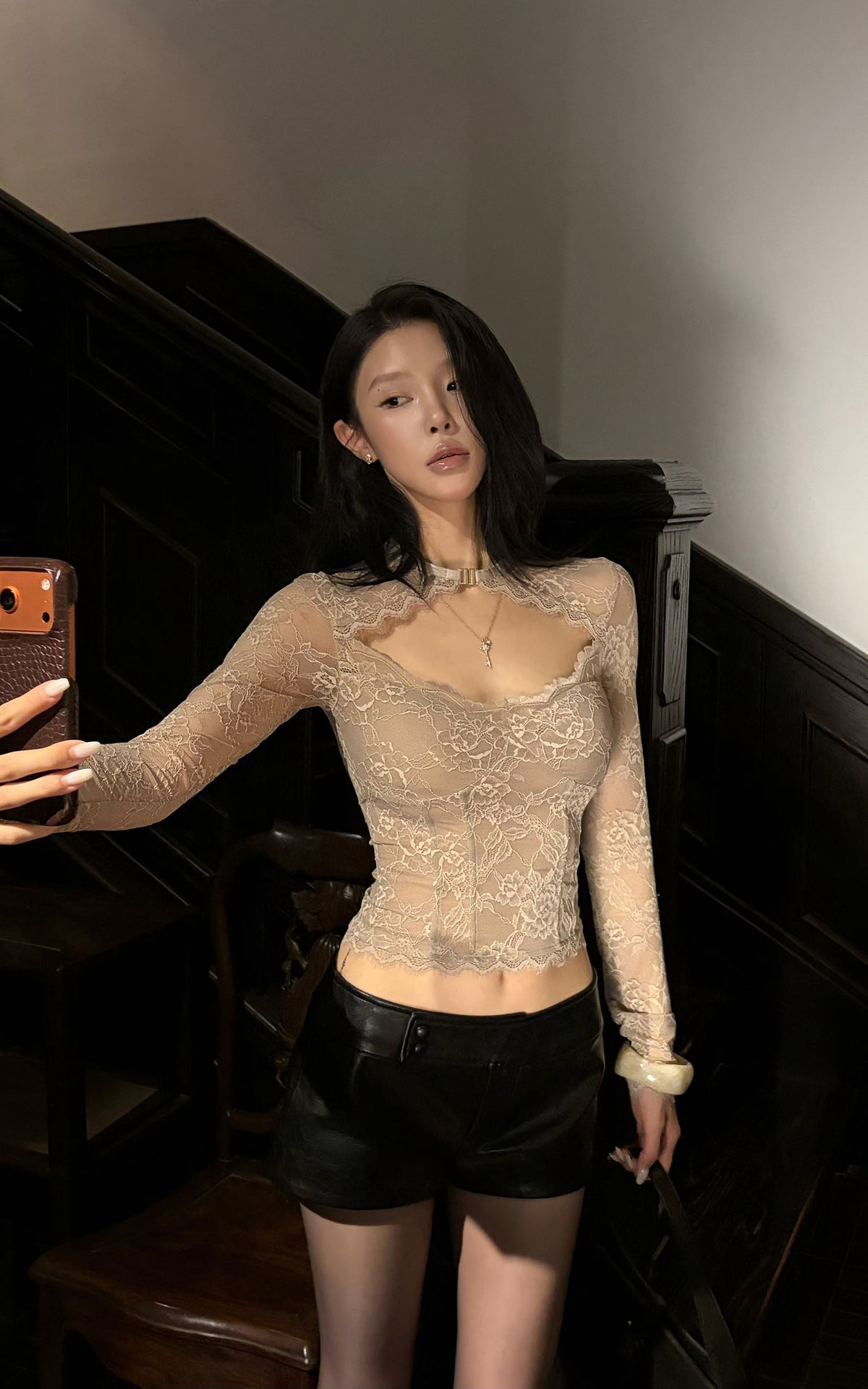 Hydrae Cutout Lace Top &amp; Leather-Look Shorts Set