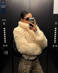 ROVENTE Curly Plush Cropped Jacket with Statement Collar & Rounded Front