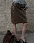 Hydrae High-Waisted Faux Leather Midi Pencil Skirt with Belt Loops and Contrast Satin Hem
