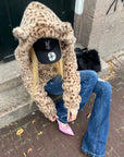 Rase le sol Leopard Plush Zip-Up Jacket with Sculpted Waist & Ear-Detail Hood