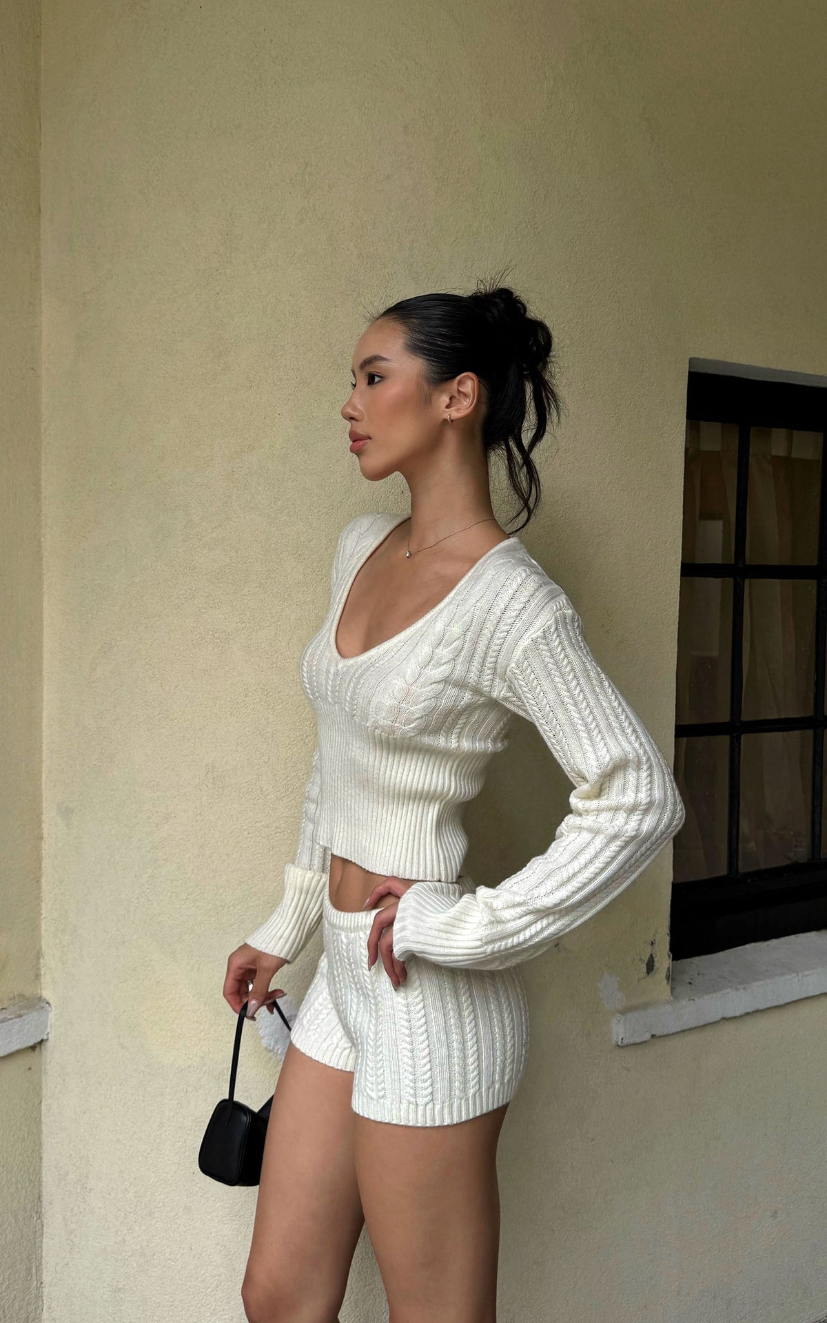 ROVENTE Plunging V-Neck Cable-Knit Sweater &amp; Mini Shorts Set with Ribbed Waist