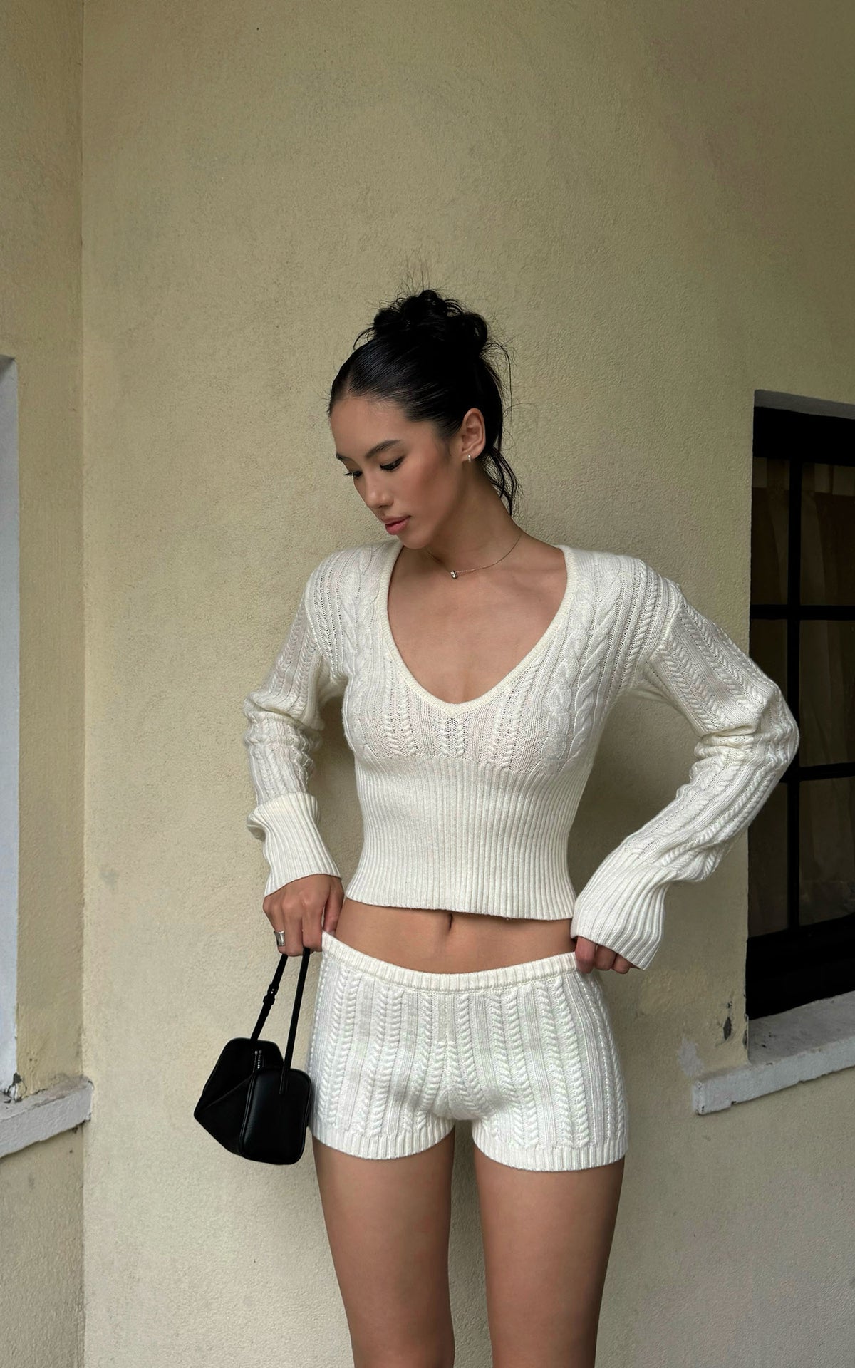 ROVENTE Plunging V-Neck Cable-Knit Sweater &amp; Mini Shorts Set with Ribbed Waist