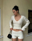 ROVENTE Plunging V-Neck Cable-Knit Sweater & Mini Shorts Set with Ribbed Waist