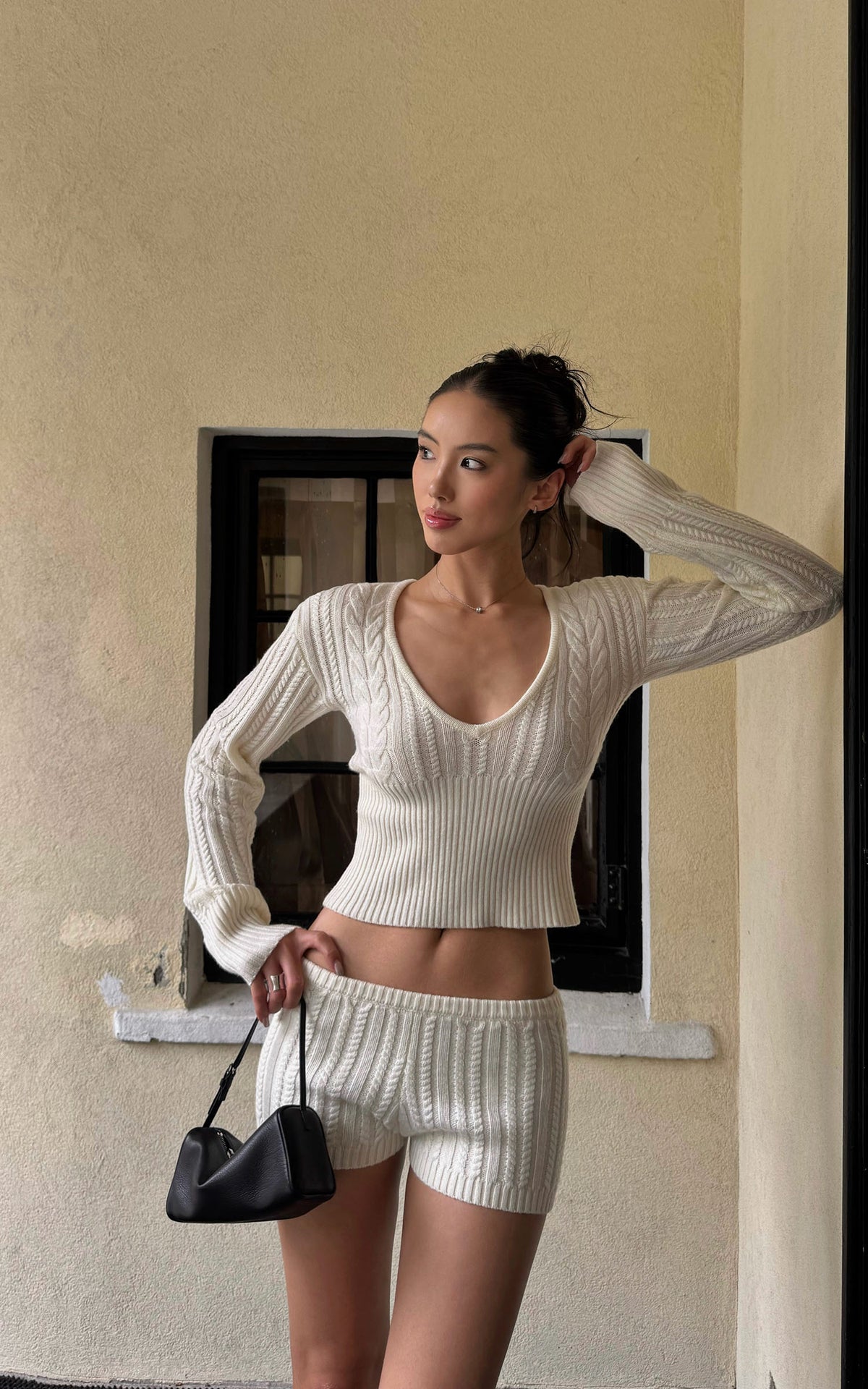 ROVENTE Plunging V-Neck Cable-Knit Sweater &amp; Mini Shorts Set with Ribbed Waist