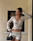 ROVENTE Plunging V-Neck Cable-Knit Sweater & Mini Shorts Set with Ribbed Waist