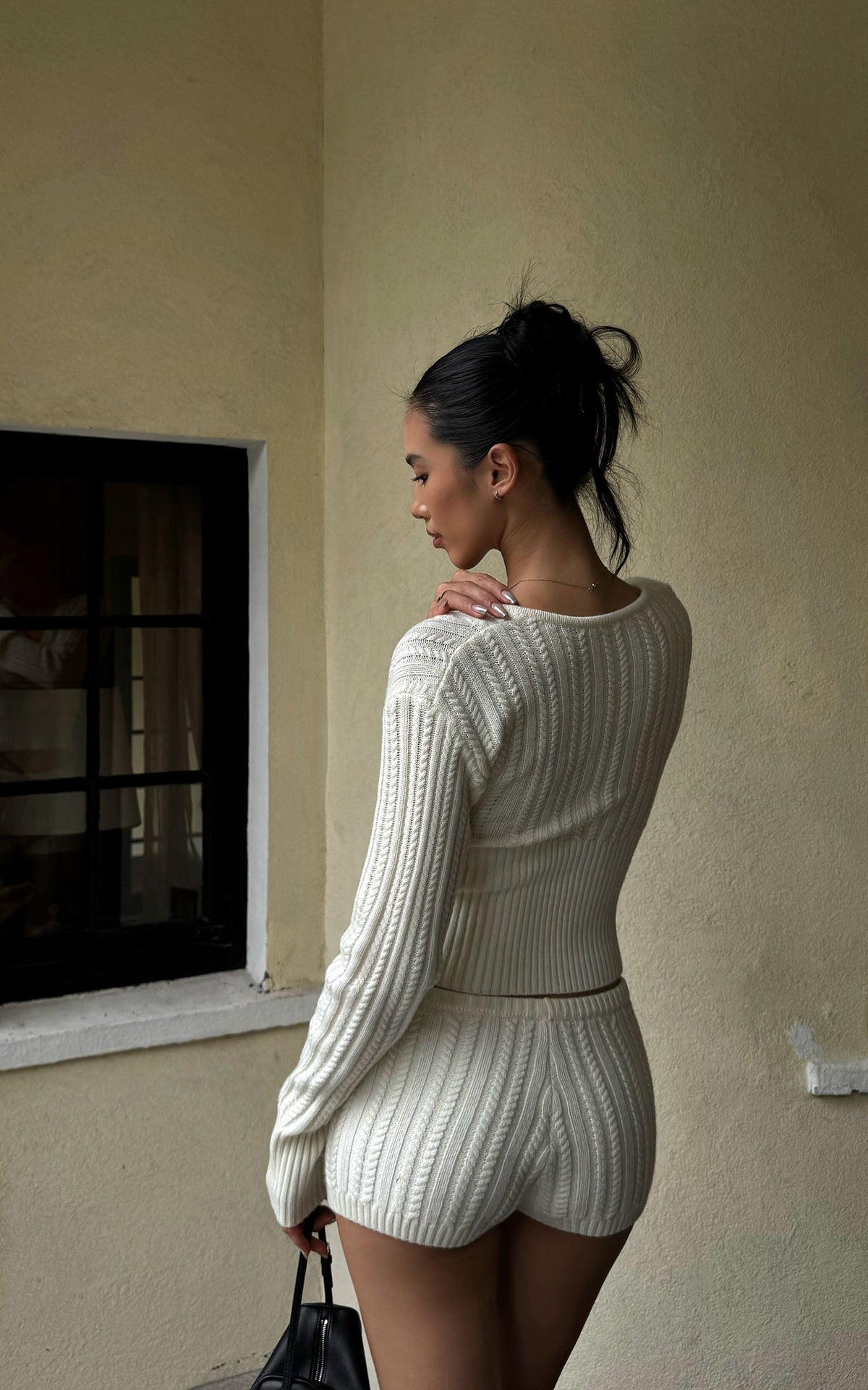 ROVENTE Plunging V-Neck Cable-Knit Sweater &amp; Mini Shorts Set with Ribbed Waist