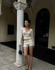 ROVENTE Plunging V-Neck Cable-Knit Sweater & Mini Shorts Set with Ribbed Waist