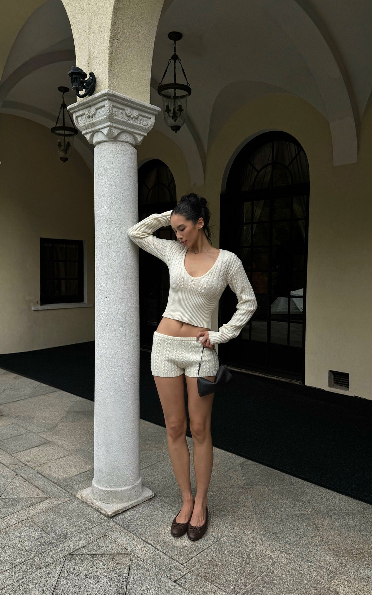 ROVENTE Plunging V-Neck Cable-Knit Sweater &amp; Mini Shorts Set with Ribbed Waist