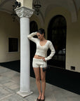 ROVENTE Plunging V-Neck Cable-Knit Sweater & Mini Shorts Set with Ribbed Waist