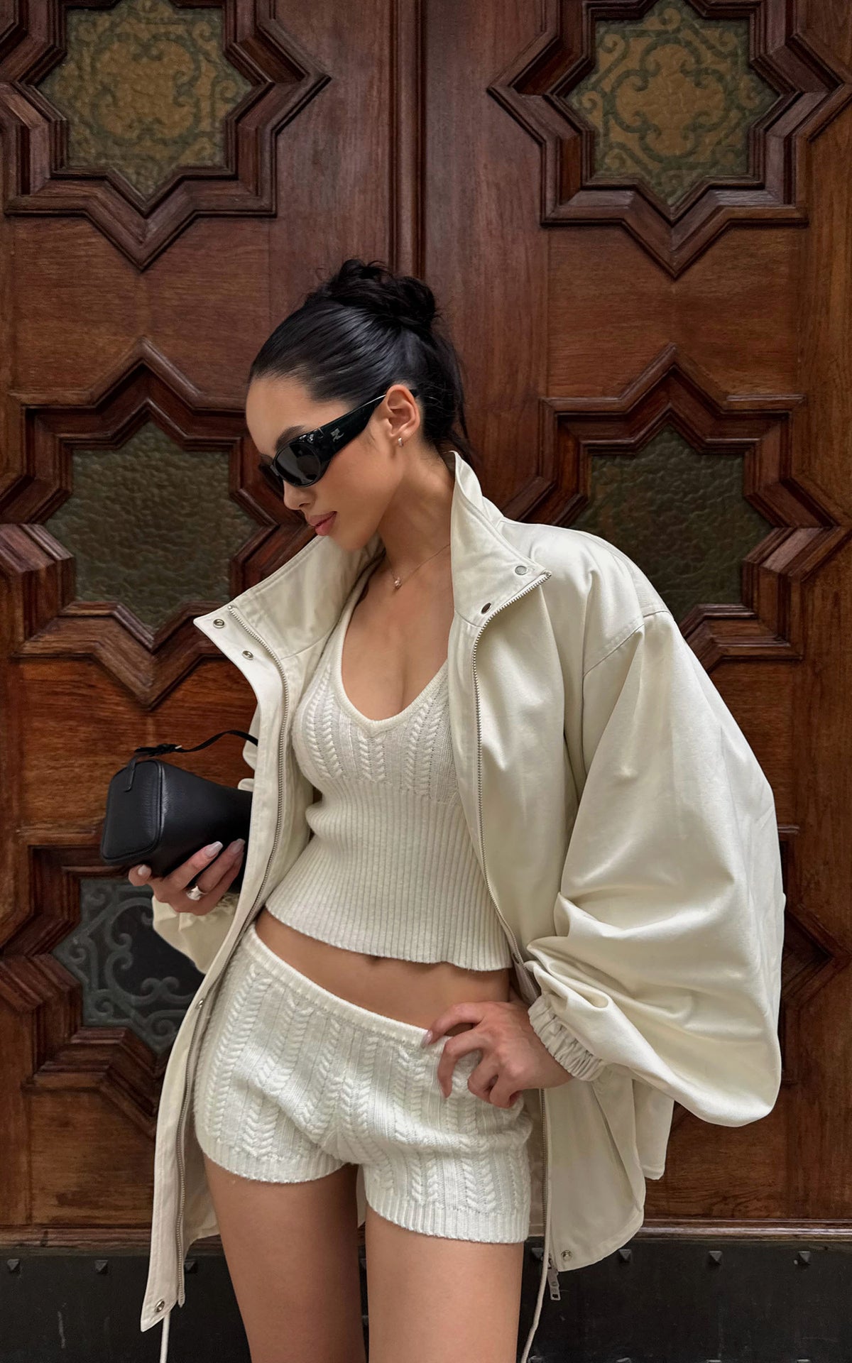 ROVENTE Plunging V-Neck Cable-Knit Sweater &amp; Mini Shorts Set with Ribbed Waist