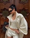 ROVENTE Plunging V-Neck Cable-Knit Sweater & Mini Shorts Set with Ribbed Waist