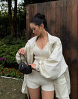 ROVENTE Plunging V-Neck Cable-Knit Sweater & Mini Shorts Set with Ribbed Waist